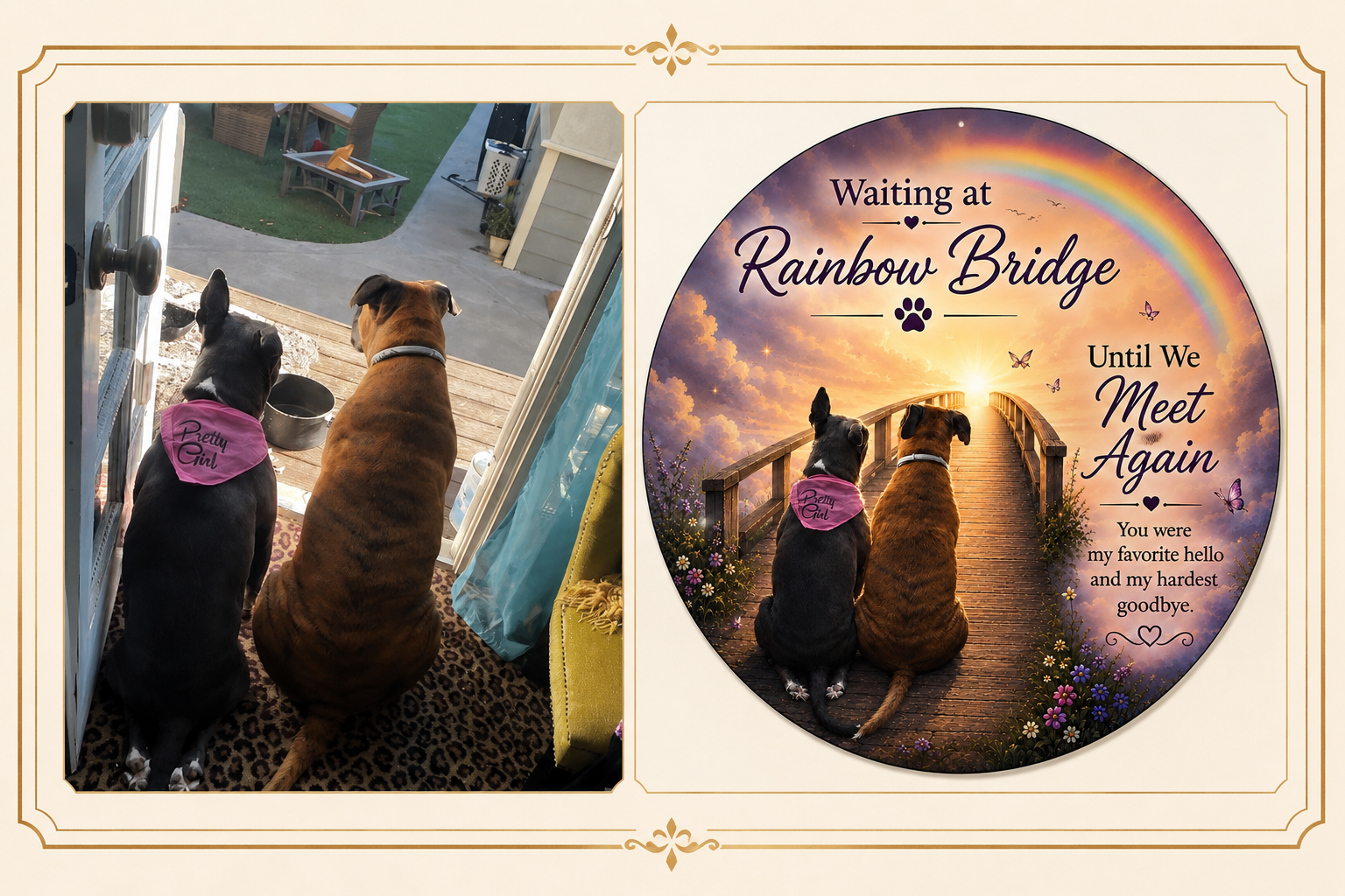 Two dogs sitting on a porch looking at a sunset with a rainbow, flowers, and butterflies in the sky; one dog wears a pink bandana with 'Pretty Girl' written on it.
