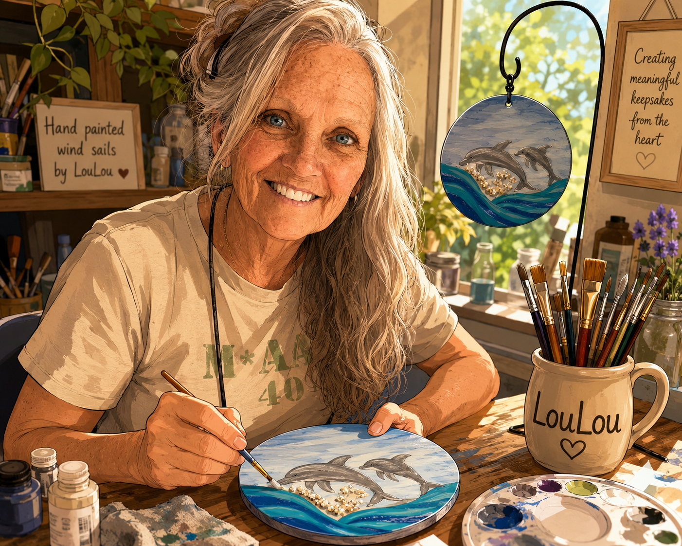Forever Near artist hand-painting a personalized dolphin wind sail, one of our custom wind sail creations.