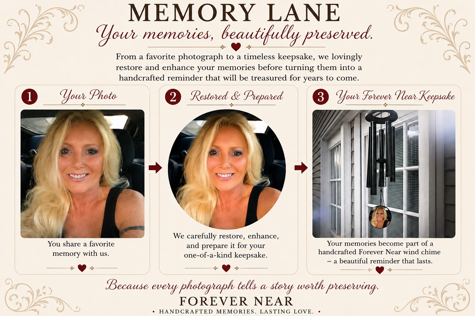 Memory Lane Gallery featuring keepsakes with custom photo restoration and ash incorporation.