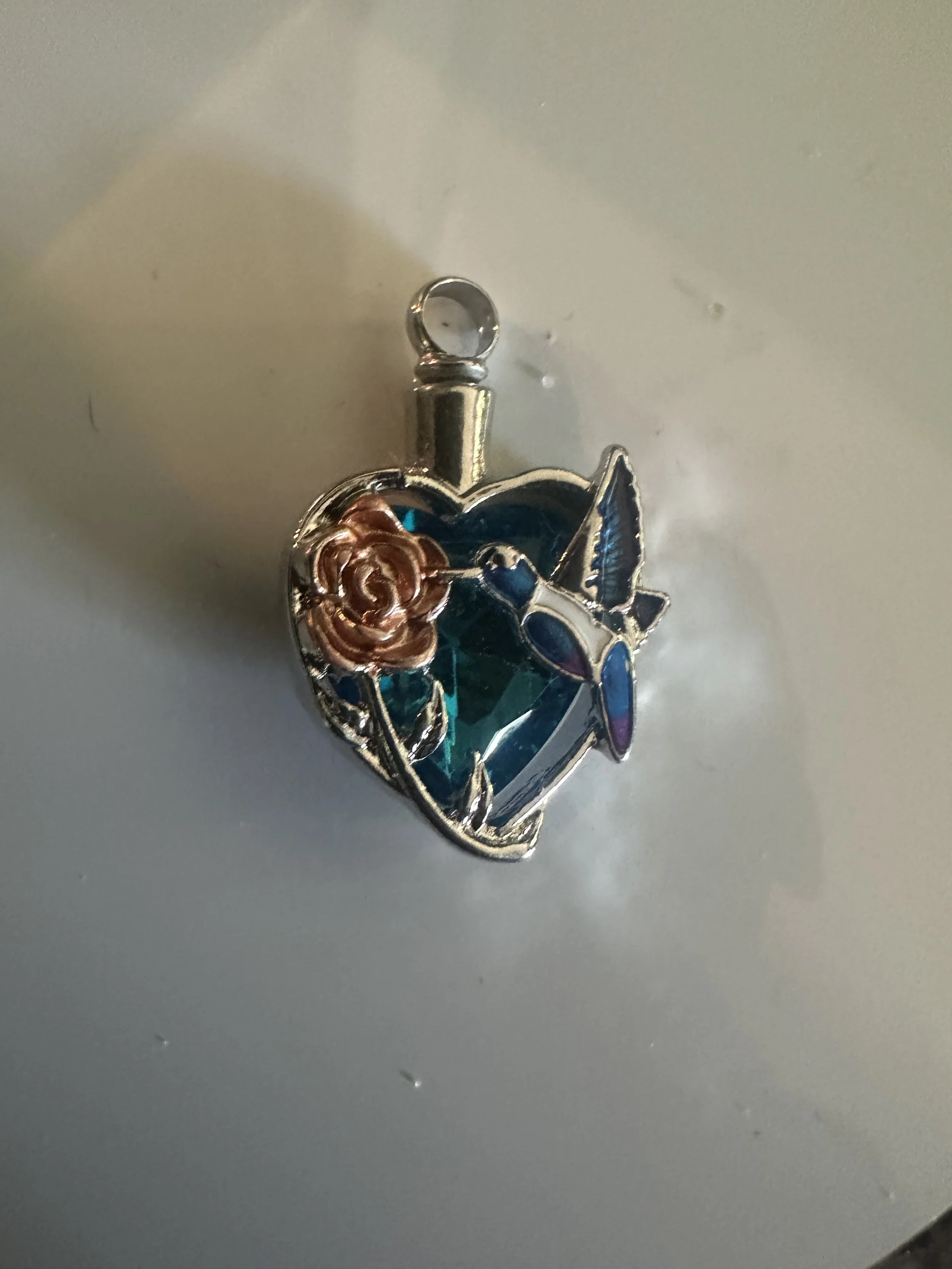 Silver Heart w/Hummingbird and Copper Flower