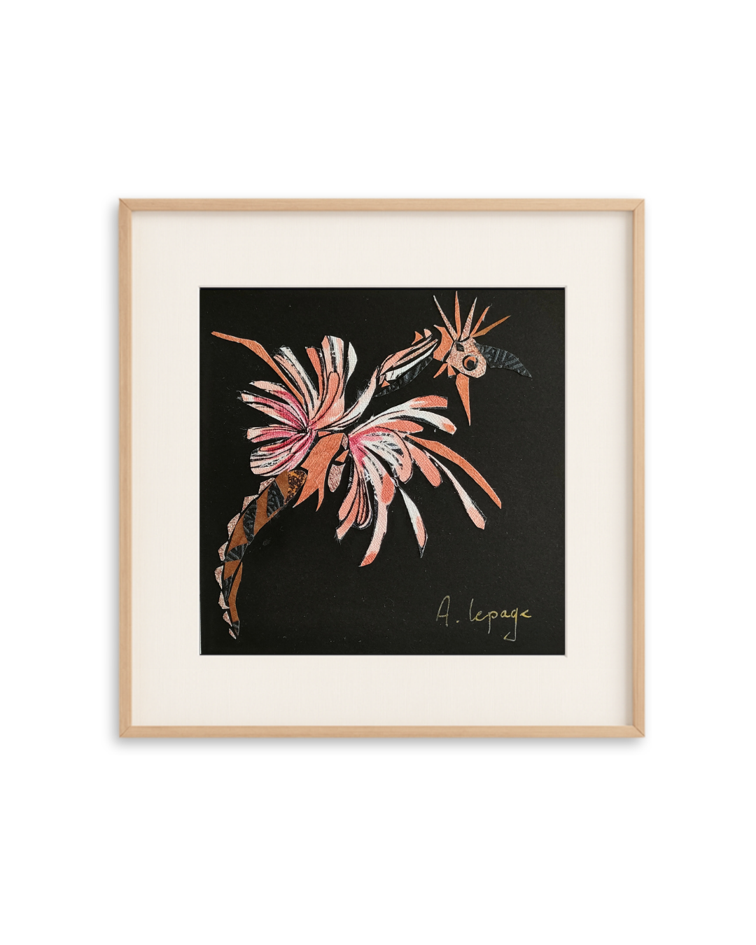 Un collage artistique d'une libellule colorée sur un fond noir, signée A. Lepage.