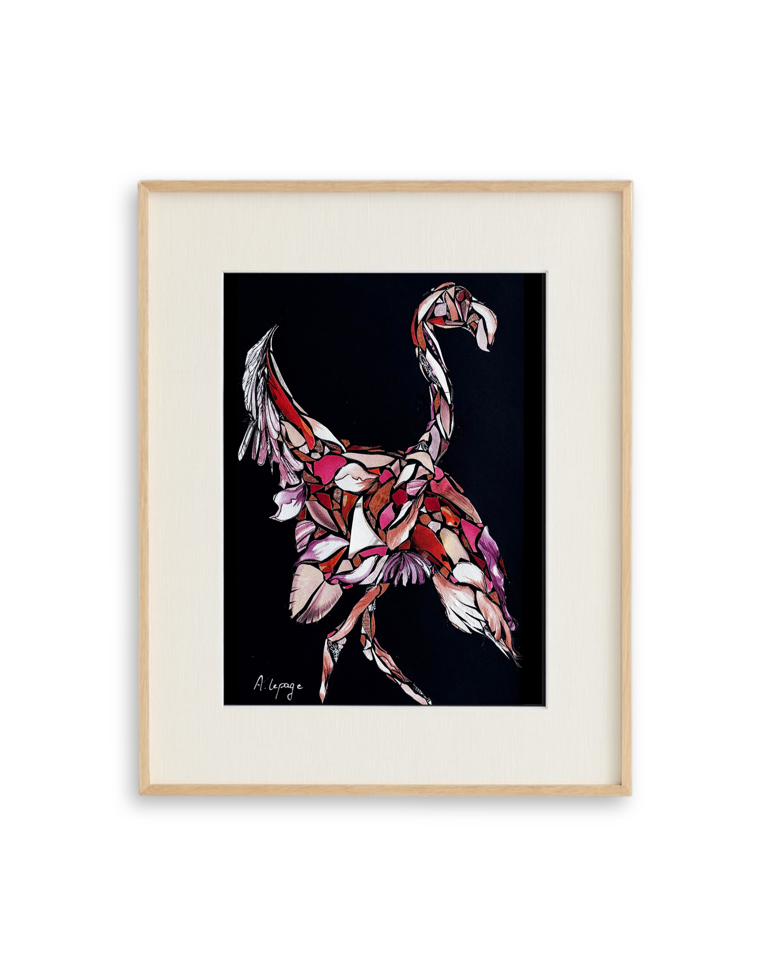 Collage d'un flamant rose, signée par Aline Lepage.