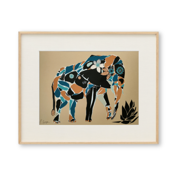 Une œuvre d'art représentant un éléphant composés de différents motifs colorés, signée par Aline Lepage.