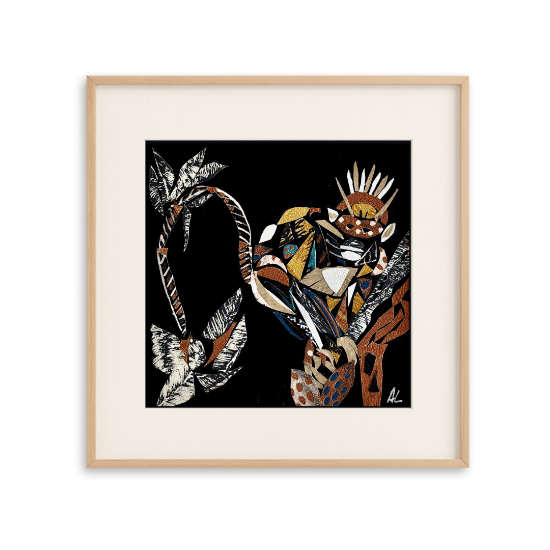 Une œuvre d'art représentant un singe avec une couronne et des éléments végétaux dans un style géométrique, signée par Aline Lepage.