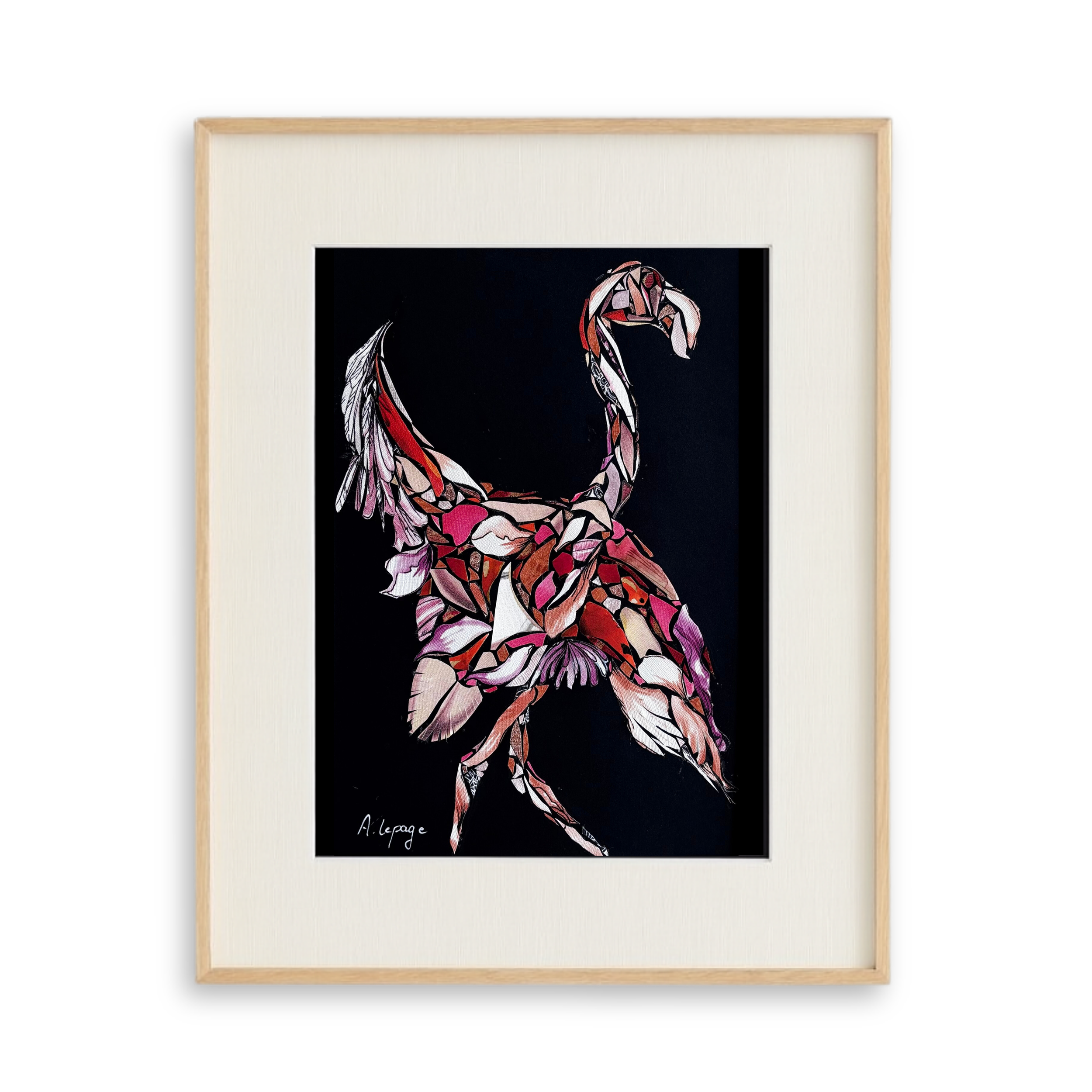 Collage d'un flamant rose, signée par Aline Lepage.
