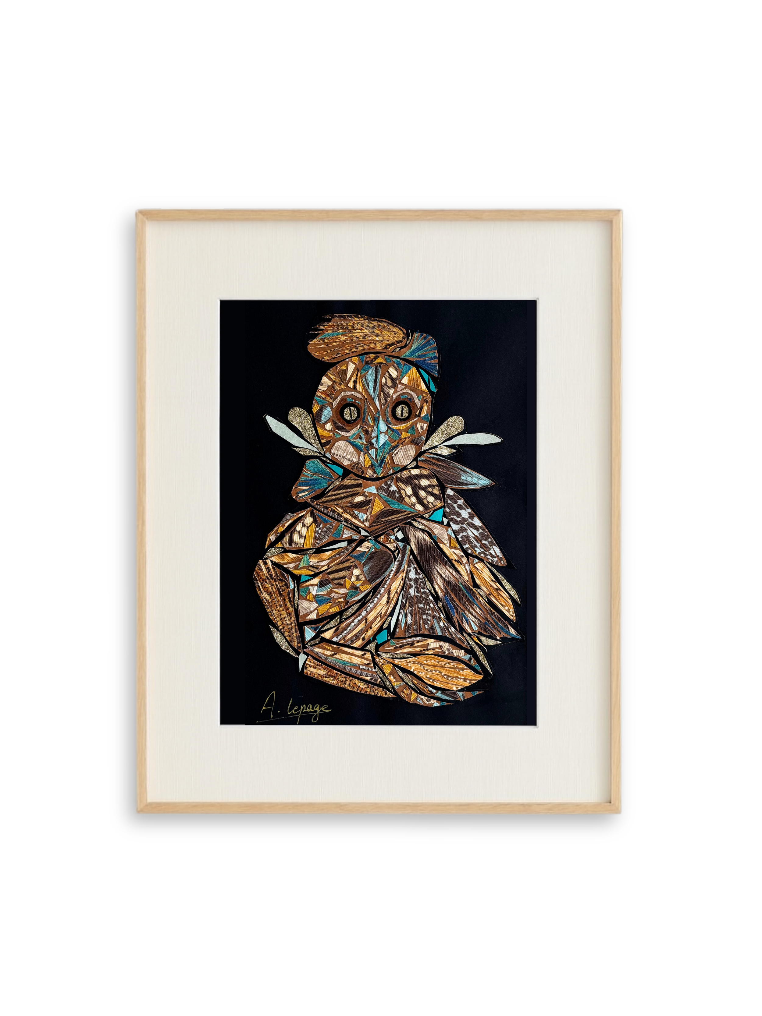Une œuvre d'art représentant un hibou, signée par Aline Lepage.