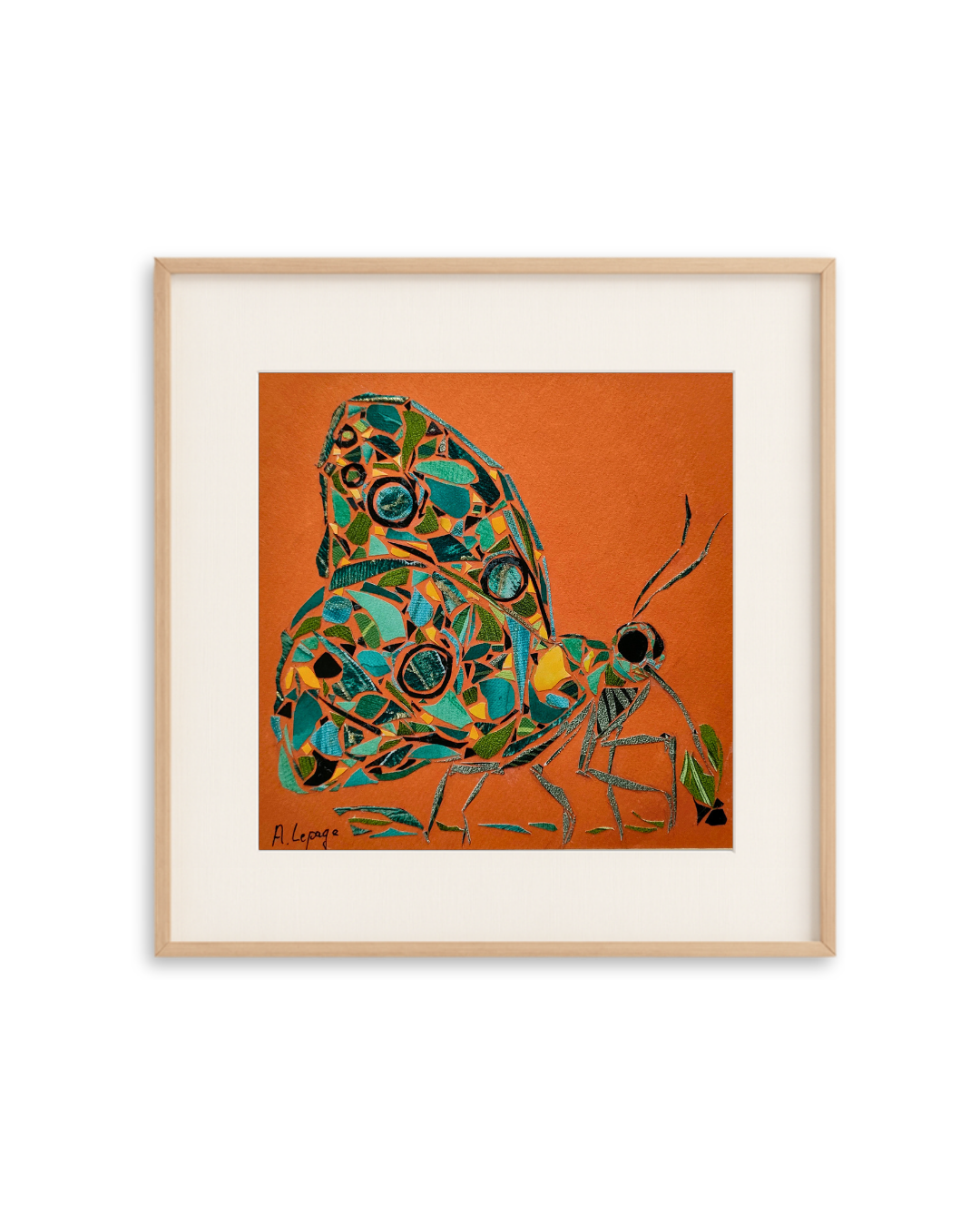 Une œuvre d'art représentant un papillon coloré avec des motifs géométriques, sur un fond orange. Signature en bas à gauche : A. Lepage.