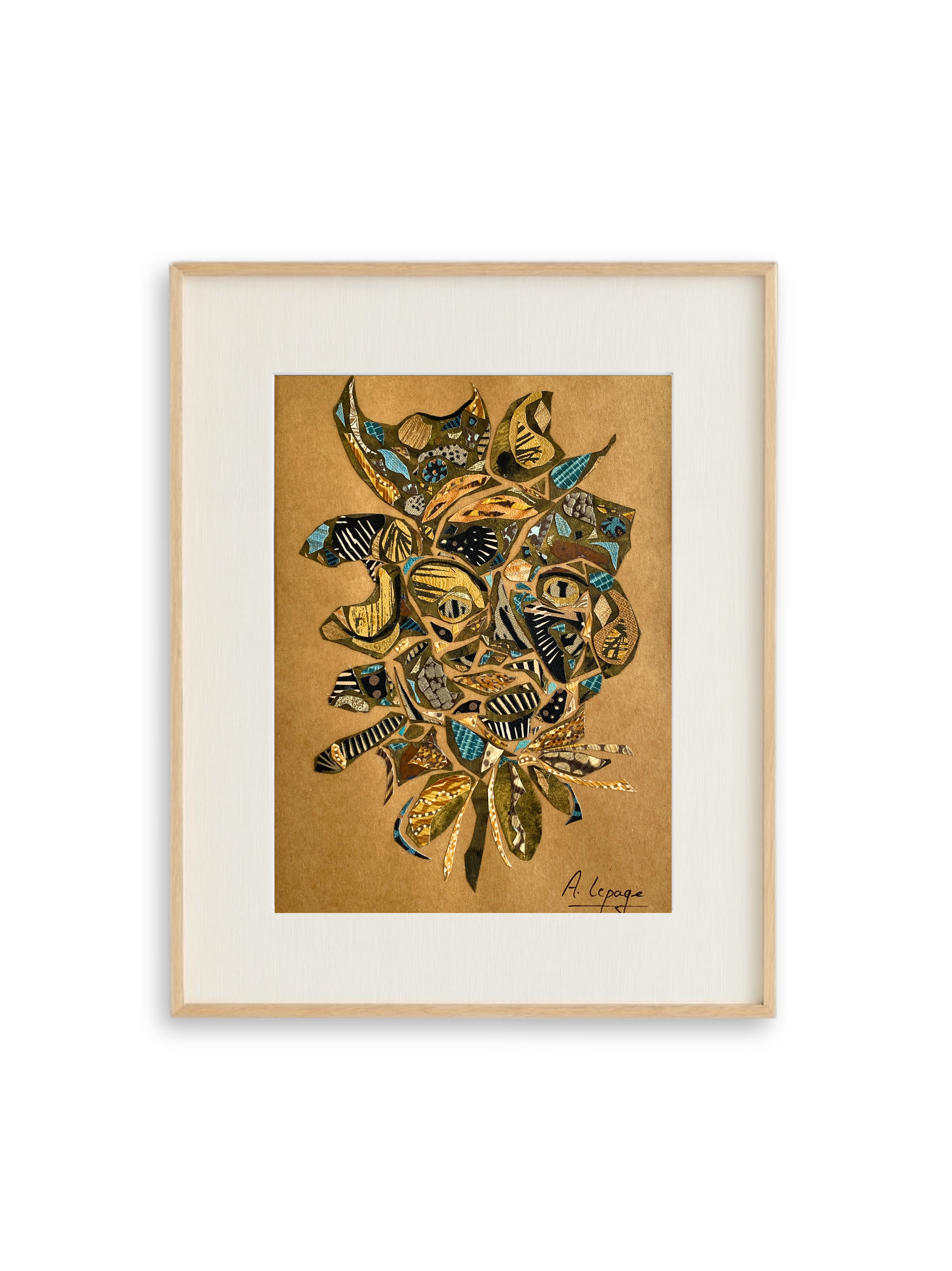 Un collage abstrait représentant une méduse avec des motifs colorés, signé A. Lepage.