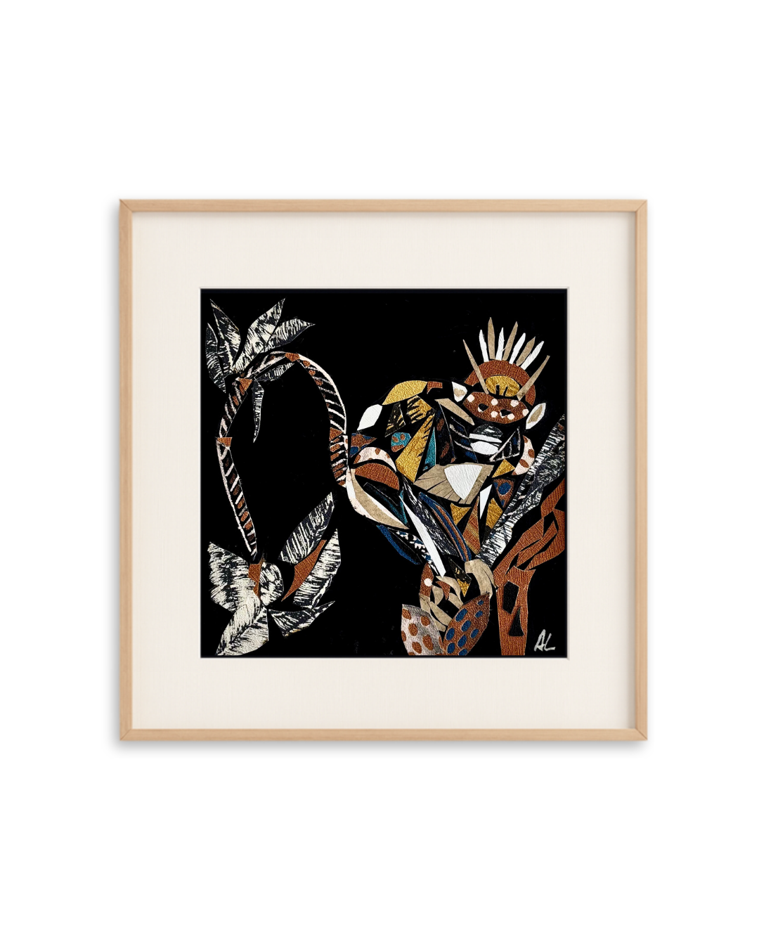 Une œuvre d'art abstraite représentant un singe, entouré d'éléments naturels comme des feuilles et des branches, dans un style géométrique et coloré, encadrée avec un fond noir.