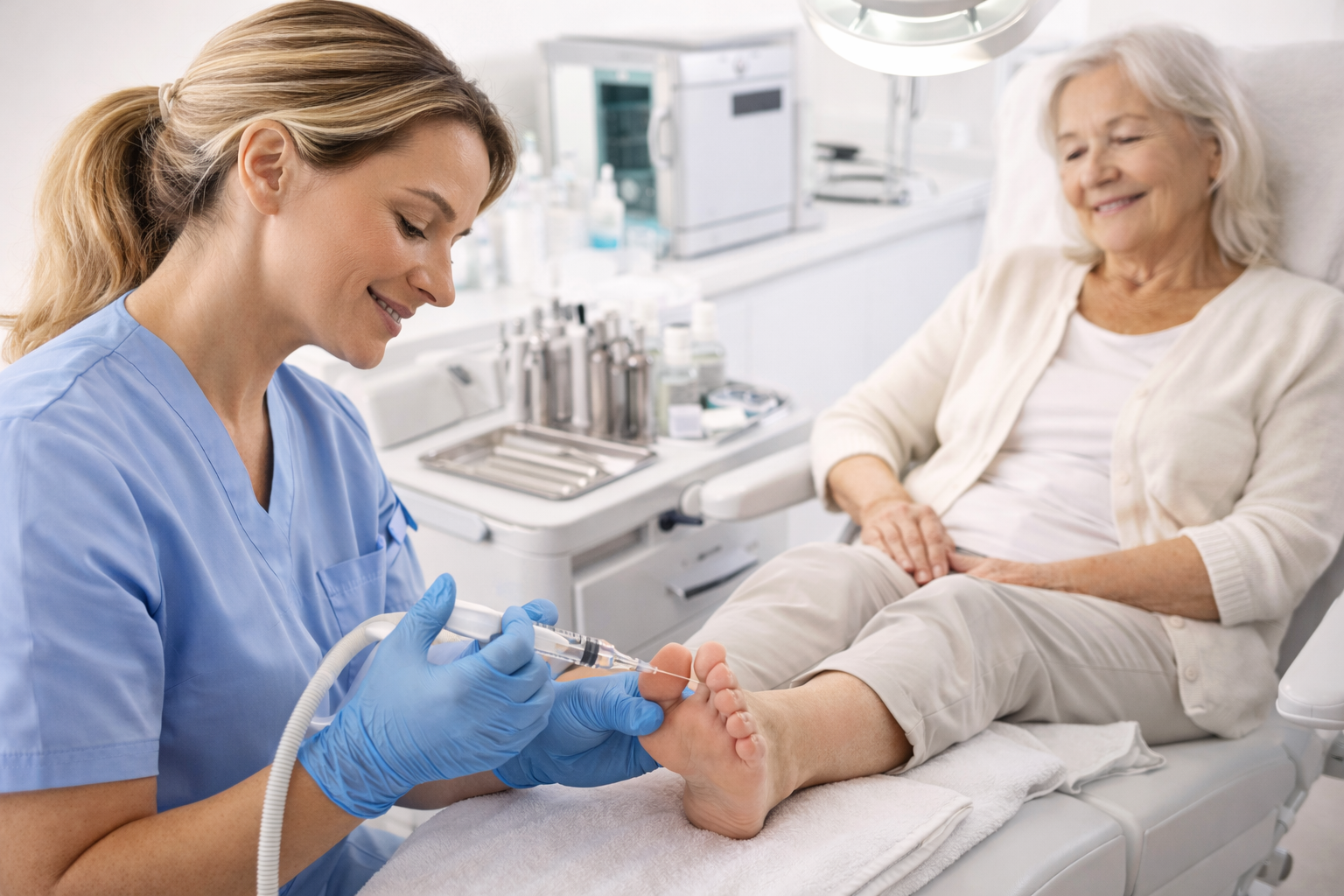 A healthcare professional prepares to give an injection to an elderly woman who is sitting comfortably on a medical examination chair, smiling.