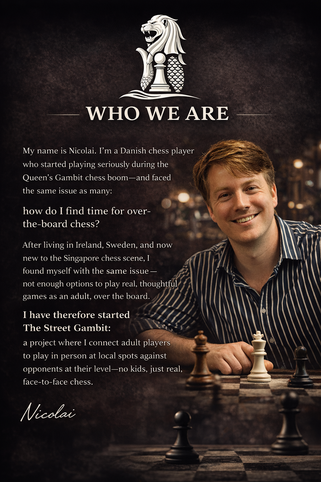 A person smiling while playing chess, with a background scene of a city at night and a logo of a lion at the top.