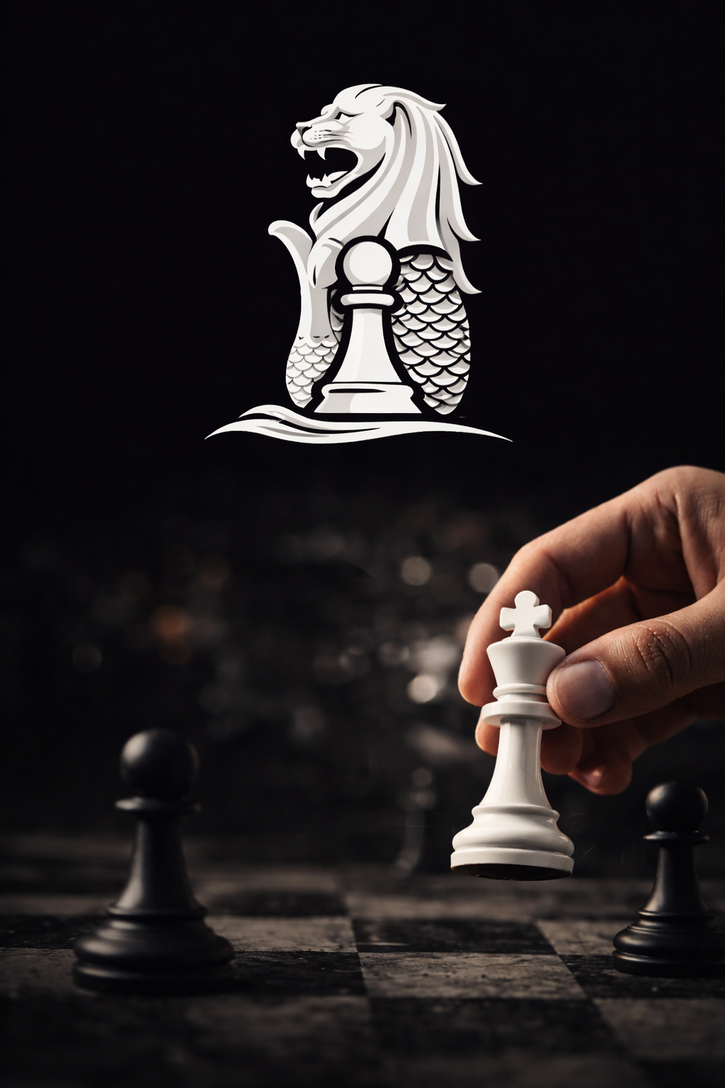 A hand holding a white king chess piece on a chessboard with a blurred background, and a digital graphic of a lion with scales and a chess king in the background.
