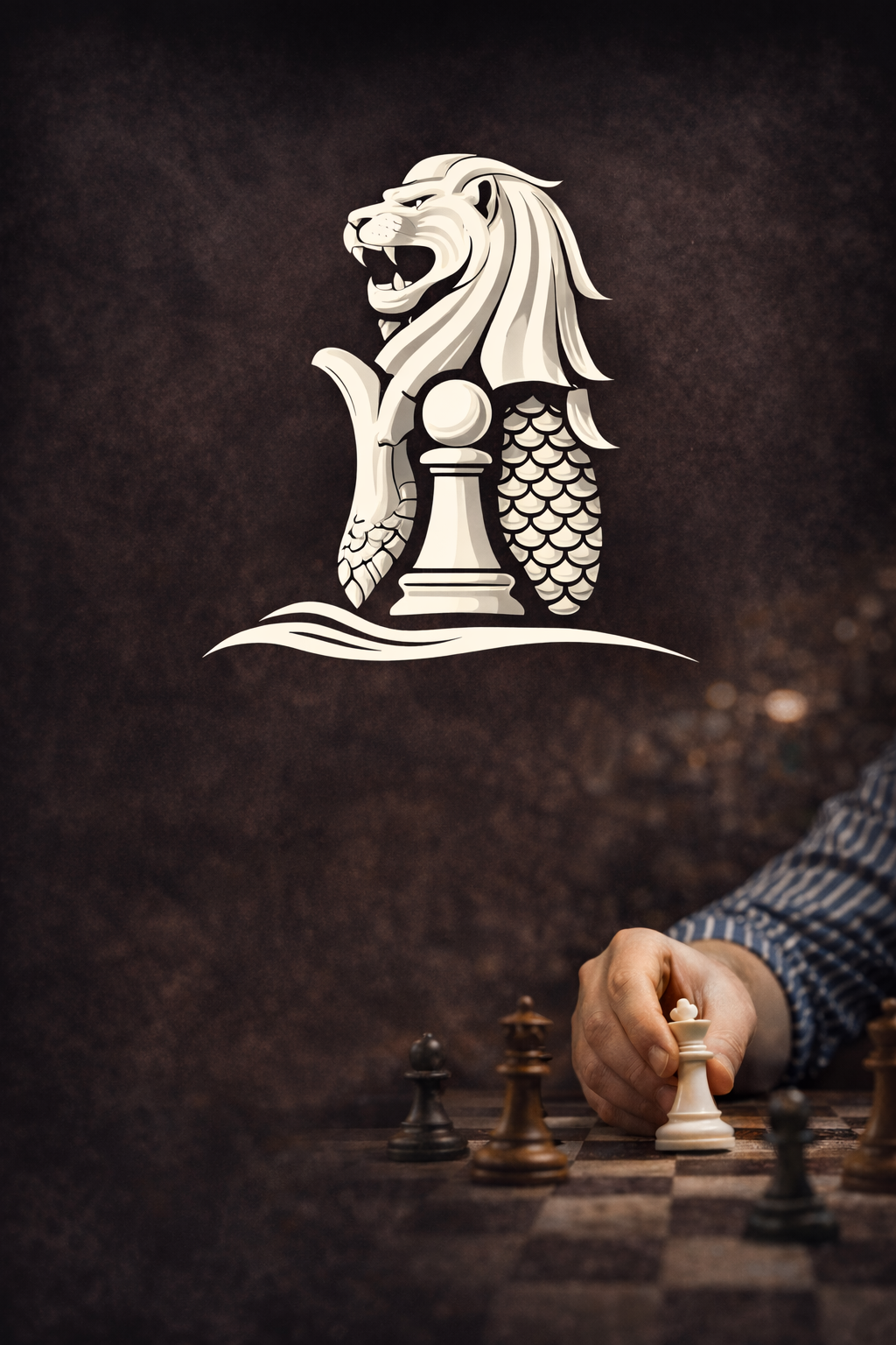 A person with a checkered shirt makes a move in a chess game, with a graphic of a lion and a chess piece in the background.