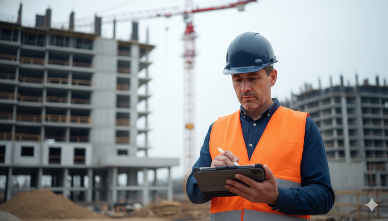 Construction site with a man in a blue hard hat and orange vest writing on a clipboard, with unfinished buildings and a crane in the background.