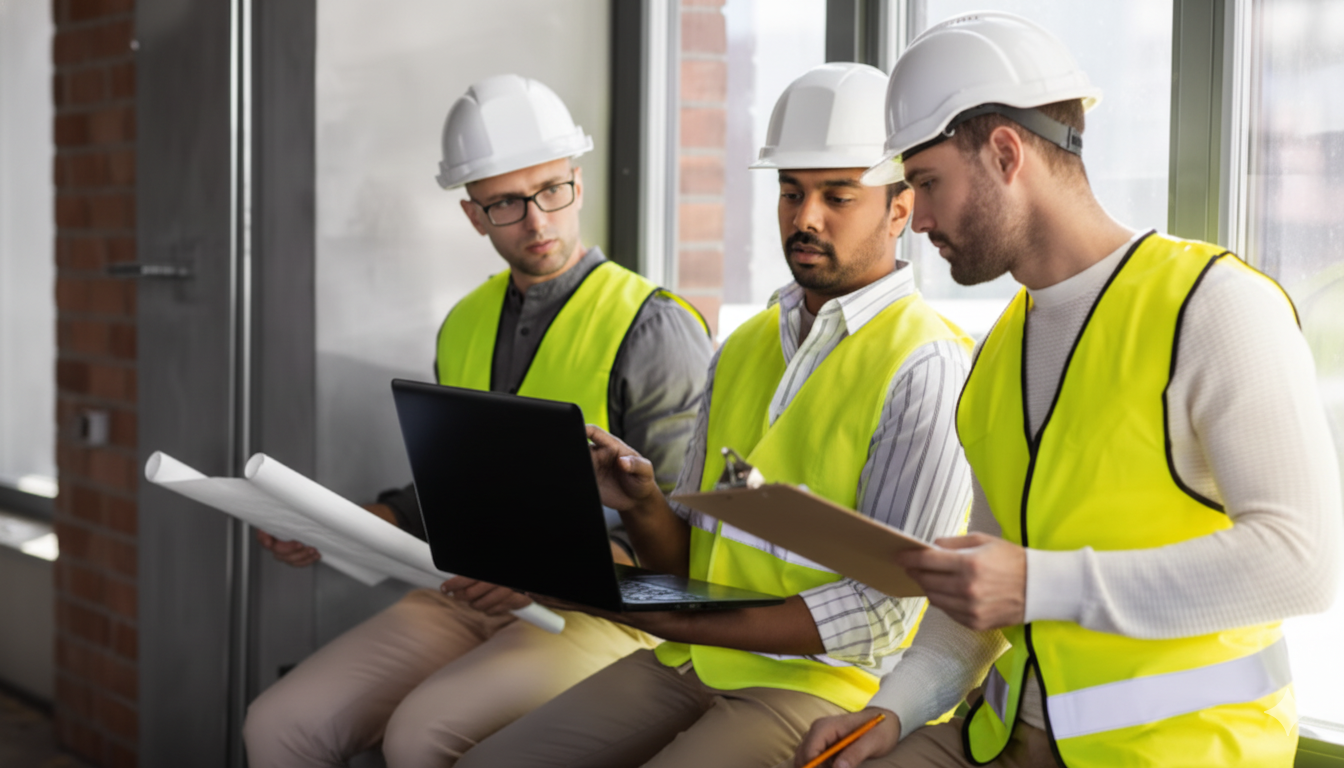 Three construction workers wearing safety helmets and yellow reflective vests reviewing documents and a laptop indoors.