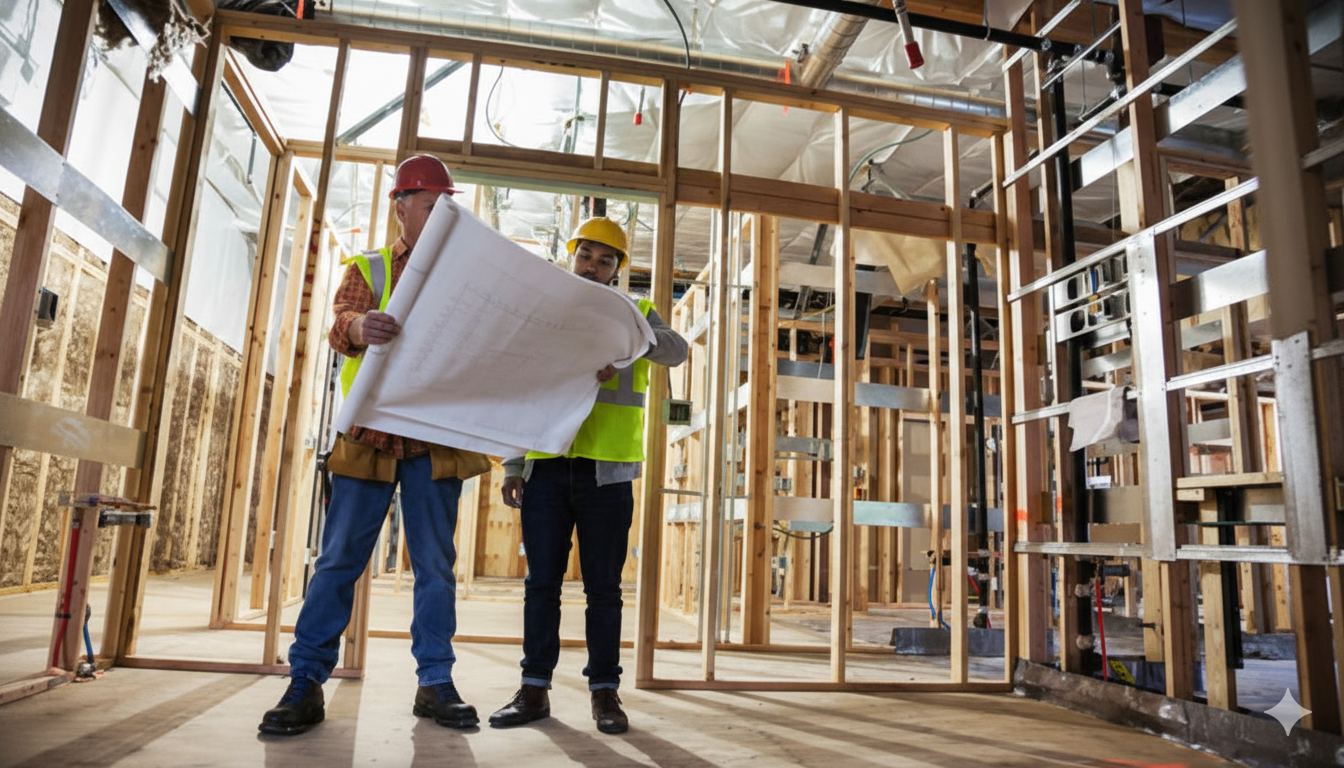 Two construction workers in hard hats and safety vests looking at a blueprint inside a building under construction with exposed wooden framing and metal scaffolding.