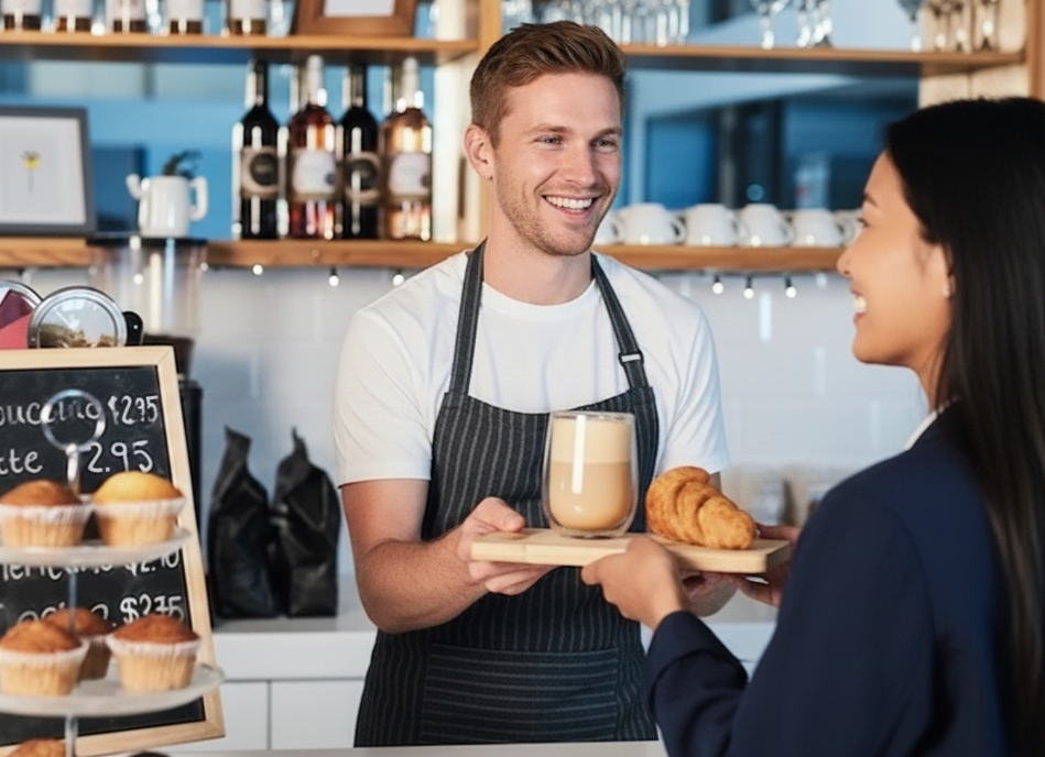 A barista in a café serving a woman a croissant and a drink.