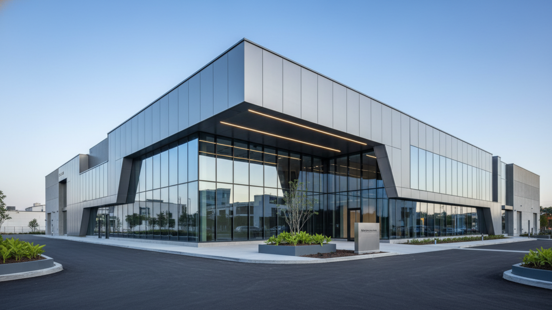 Modern glass and metal commercial building with landscaped parking lot