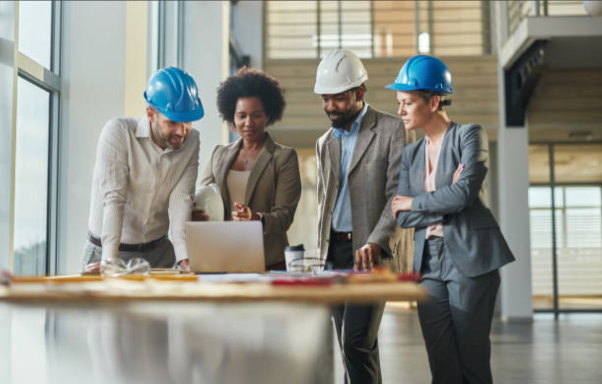 Four professionals in business attire and hard hats standing around a table with a laptop, discussing plans in a modern office building.
