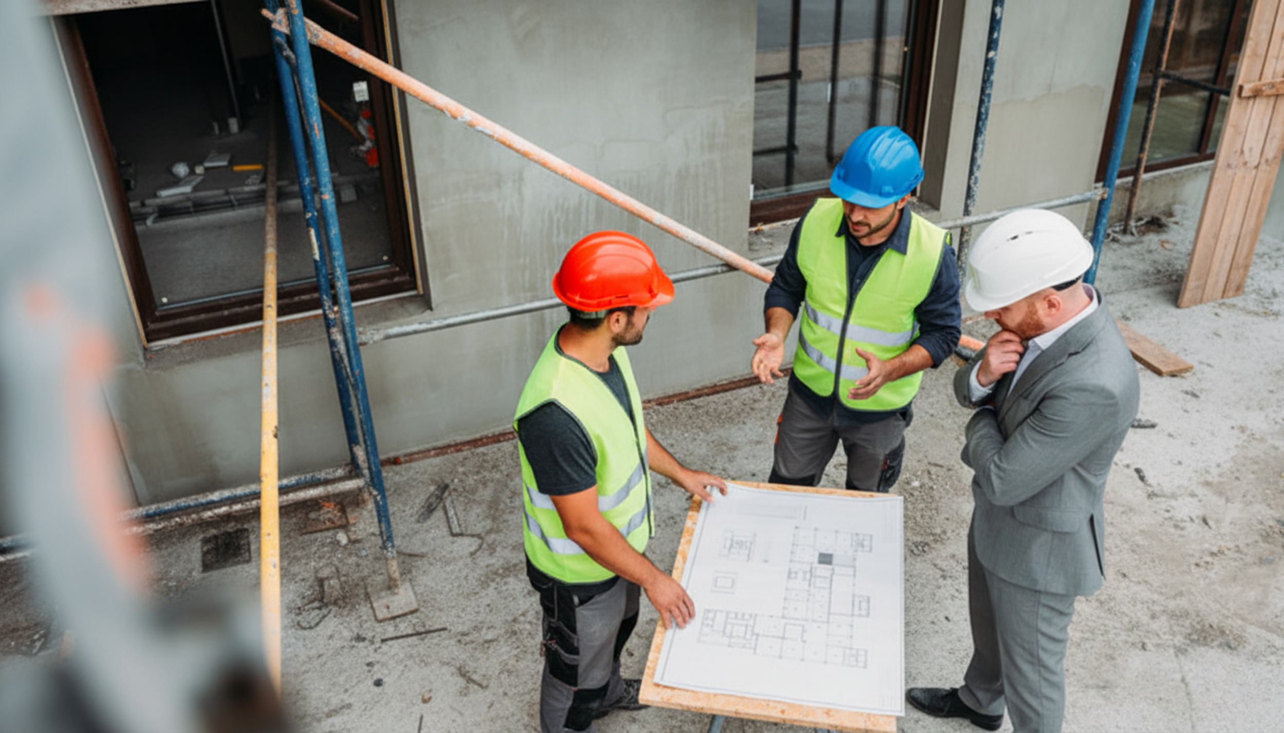 Three construction workers discussing a blueprint at a building site. Two workers are wearing neon green safety vests and hard hats, while the third worker is in a gray business suit with a white hard hat. They are standing on a concrete surface near scaffolding and a building under construction.