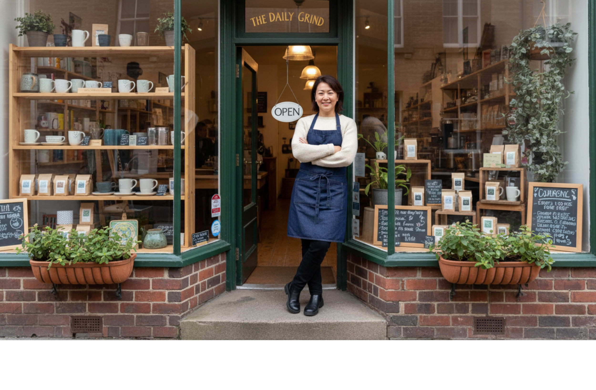A smiling woman standing at the entrance of a cozy coffee shop named 'The Daily Grind', wearing a blue apron and cozy sweater, with plants and coffee items displayed in the window behind her.
