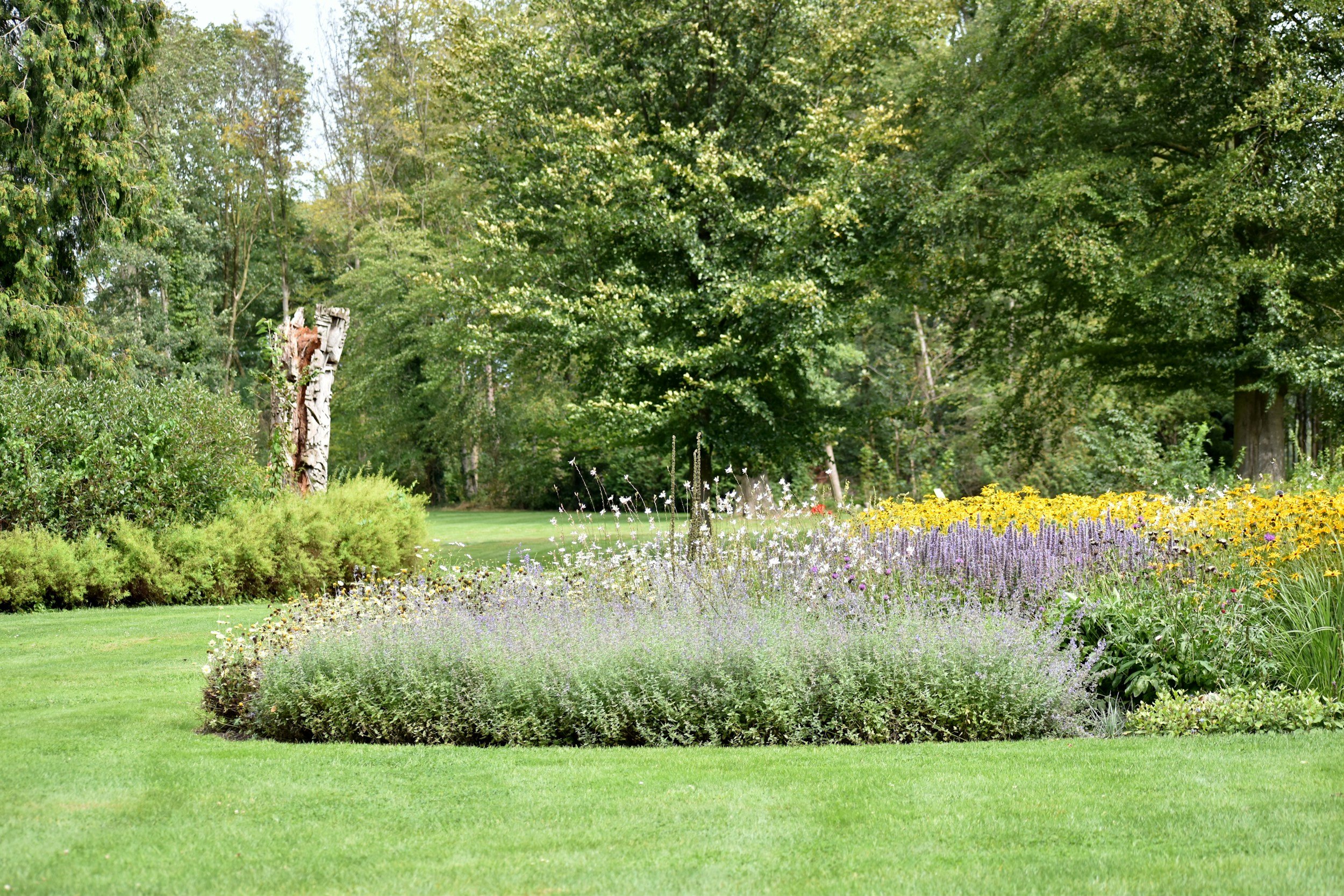 A lush green garden with manicured lawn, colorful flower beds, and tall trees in the background.