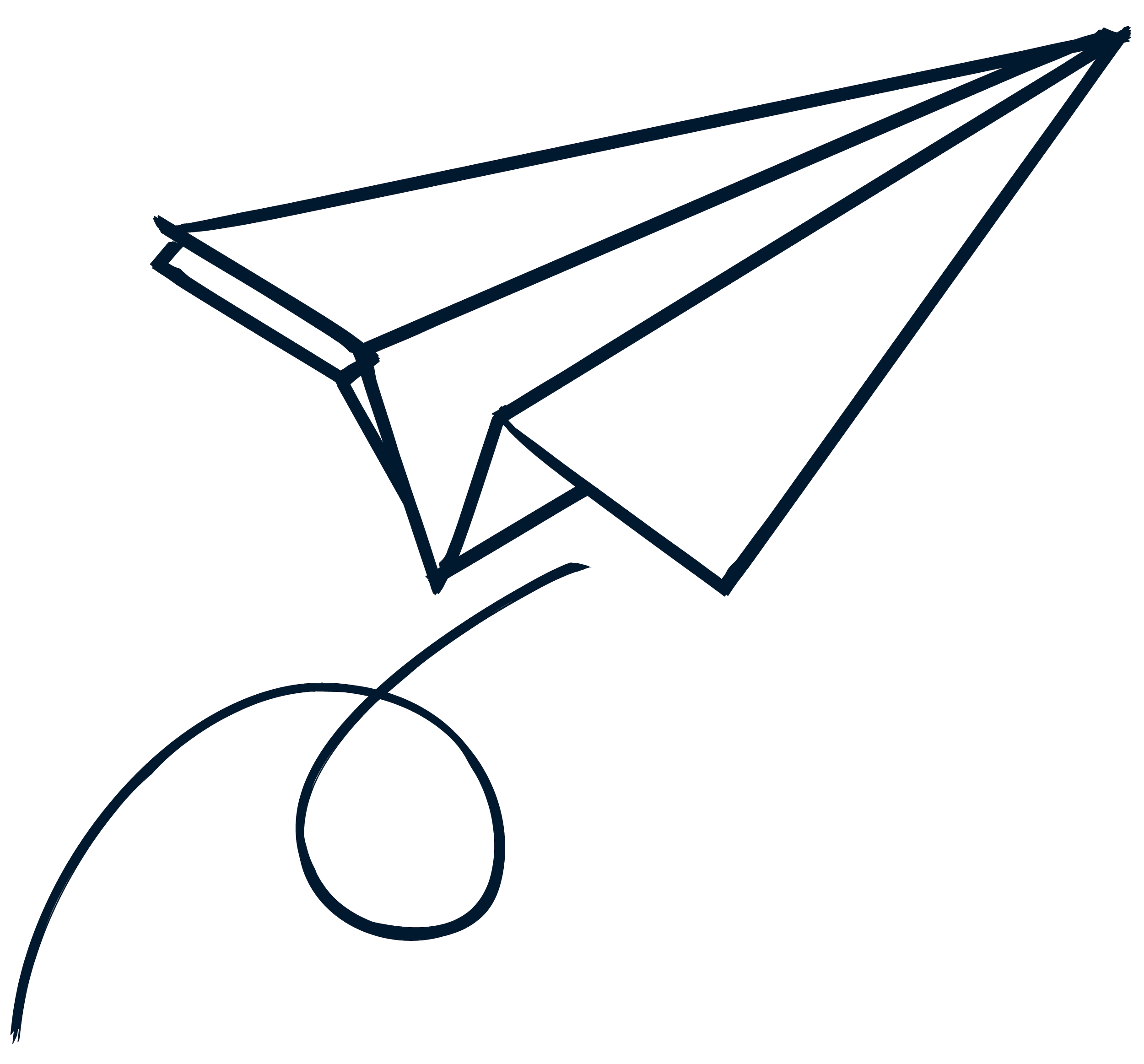 Skizze eines Papierfliegers mit Luftruder, der nach oben zeigt.