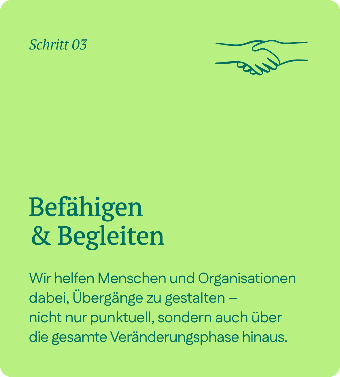 Ein grünes Dokument mit dem Titel 'Befähigen & Begleiten' und einem Handshake-Symbol, das die Zusammenarbeit und Unterstützung symbolisiert.