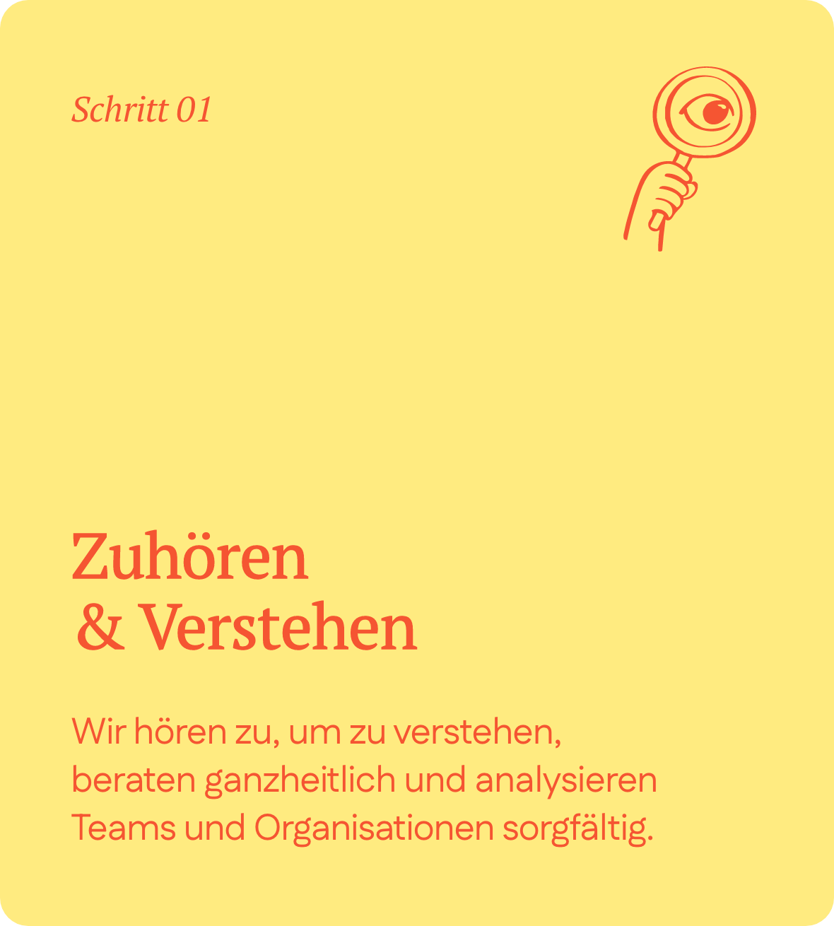 Schritt 01 Zuhören & Verstehen. Wir hören zu, um zu verstehen, beraten ganzheitlich und analysieren Teams und Organisationen sorgfältig.