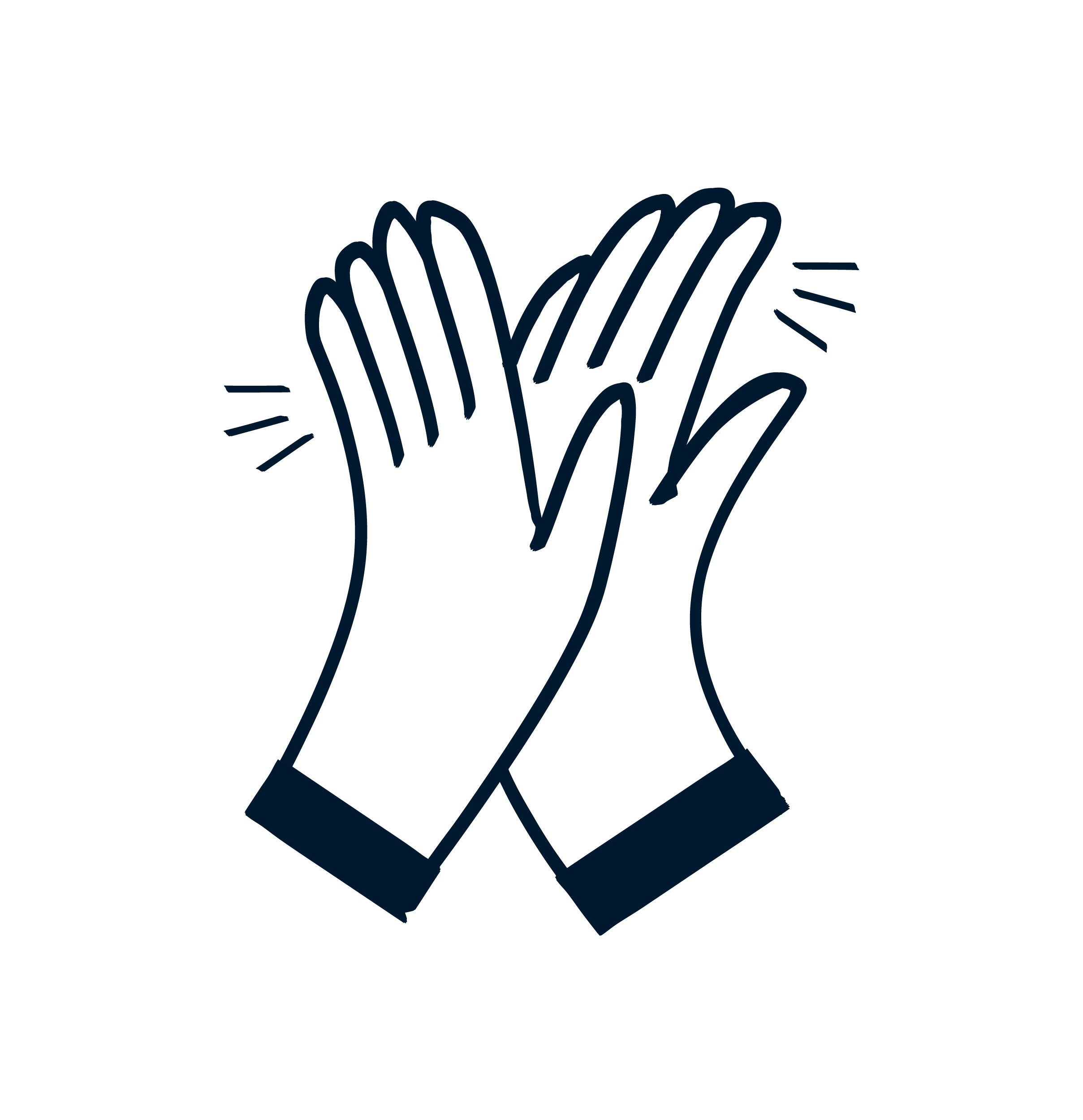 Zwei gezeichnete Hände, die sich berühren oder begrüßen, mit kurzen Strichen, die Bewegung oder Freude darstellen.