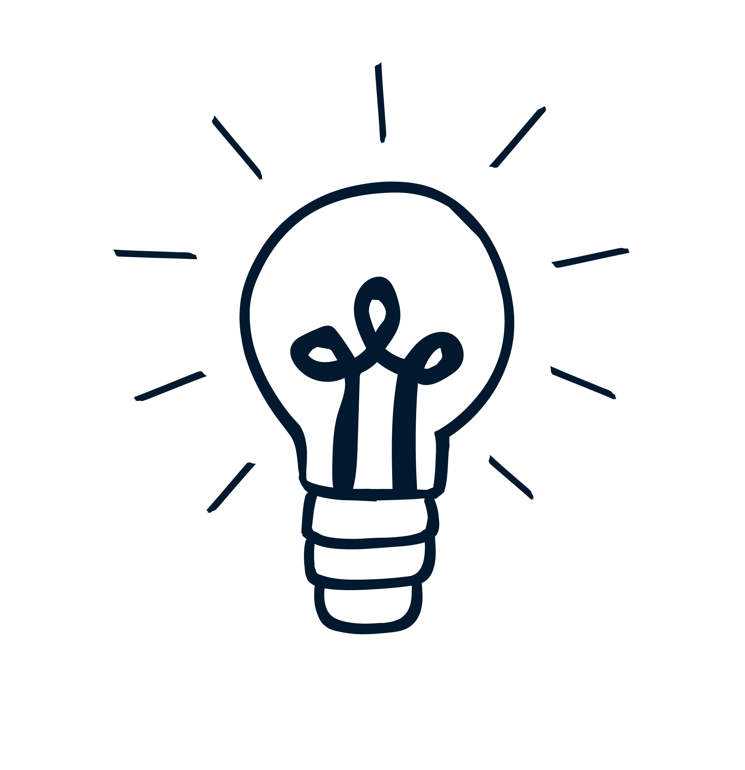 Skizzierte Glühbirne mit Strahlen, symbolisiert eine kreative Idee oder Inspiration.