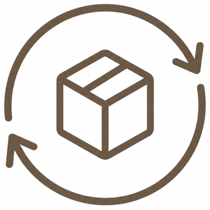 Ein Paket in der Mitte, umgeben von einem Recycling- oder Rückgabesymbol mit zwei Pfeilen im Kreis.