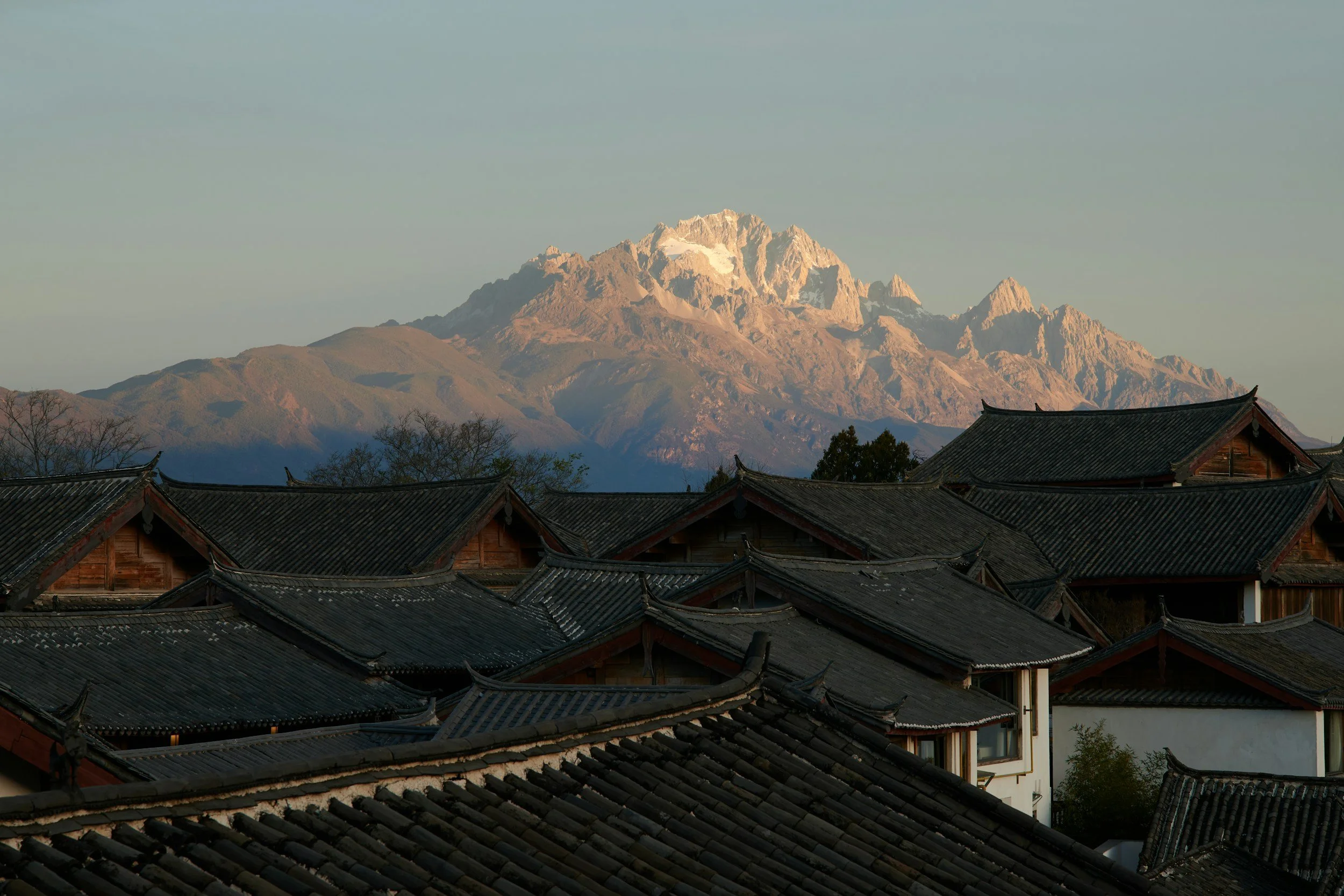 Traditional Asian rooftops with dark tiles in the foreground and a snow-capped mountain in the background.