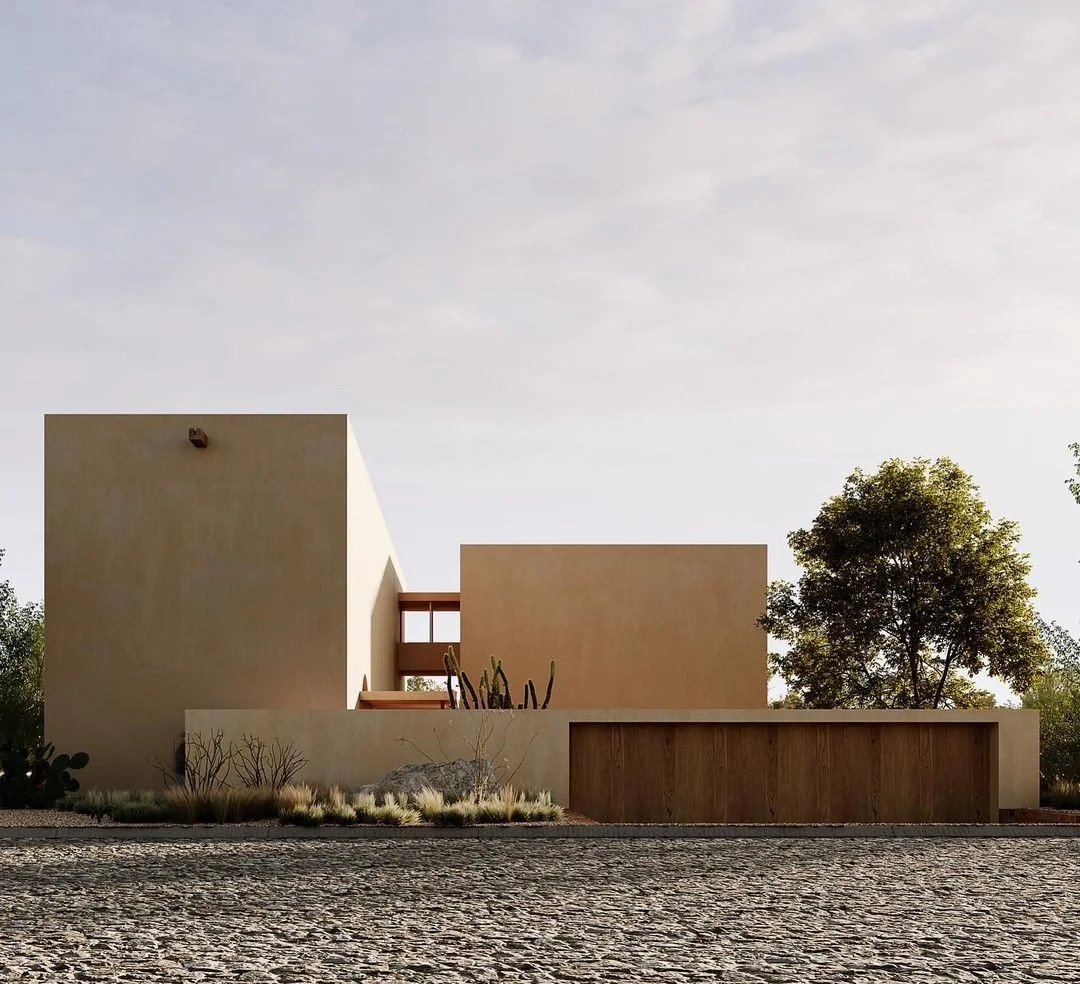 A modern multi-story building with a yellow spiral staircase outside, situated between two other apartment buildings, with palm trees in the background and a man riding a bicycle in the foreground.