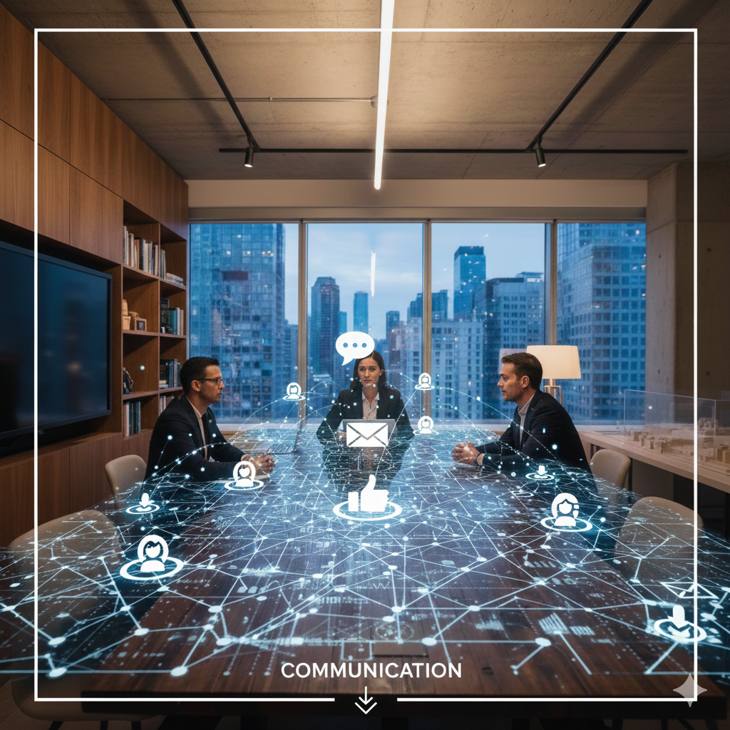 Business meeting in a modern conference room with large window, high-rise cityscape, digital communication icons overlayed, three professionals seated around table.