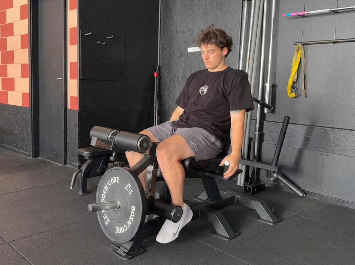 Jeune homme assis sur un banc de musculation, regardant vers le bas, dans une salle de sport. Il porte un t-shirt noir et un short gris, avec des chaussures blanches. Il semble préparer ou se reposer après un entraînement.