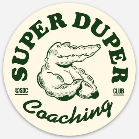 Logo rond avec un crocodile musclé et le texte 'Super Duper Coaching' en haut et en bas.