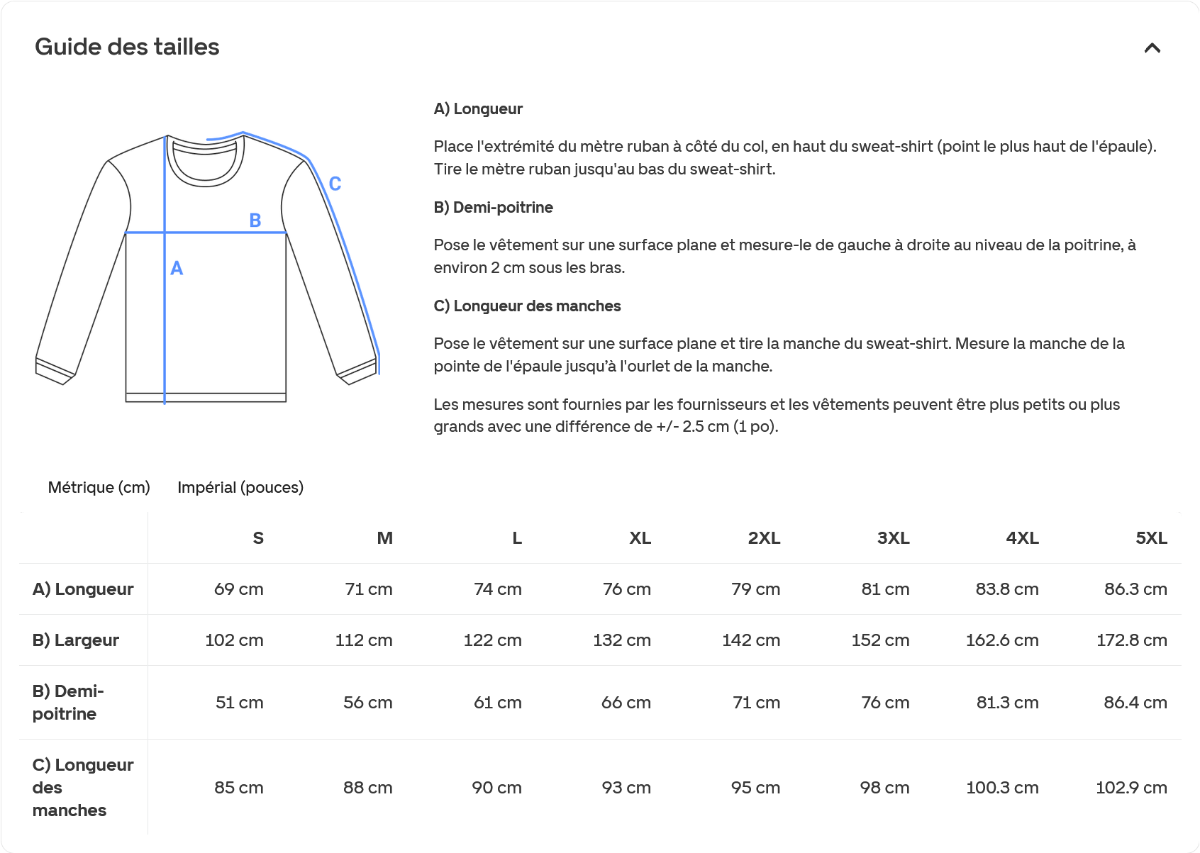 Tableau montrant un guide des tailles pour un sweat-shirt avec des mesures détaillées en centimètres pour différentes tailles (S à 5XL), incluant la longueur, la largeur et la longueur des manches, avec une illustration schématique du sweat-shirt et des lignes de mesure annotées.