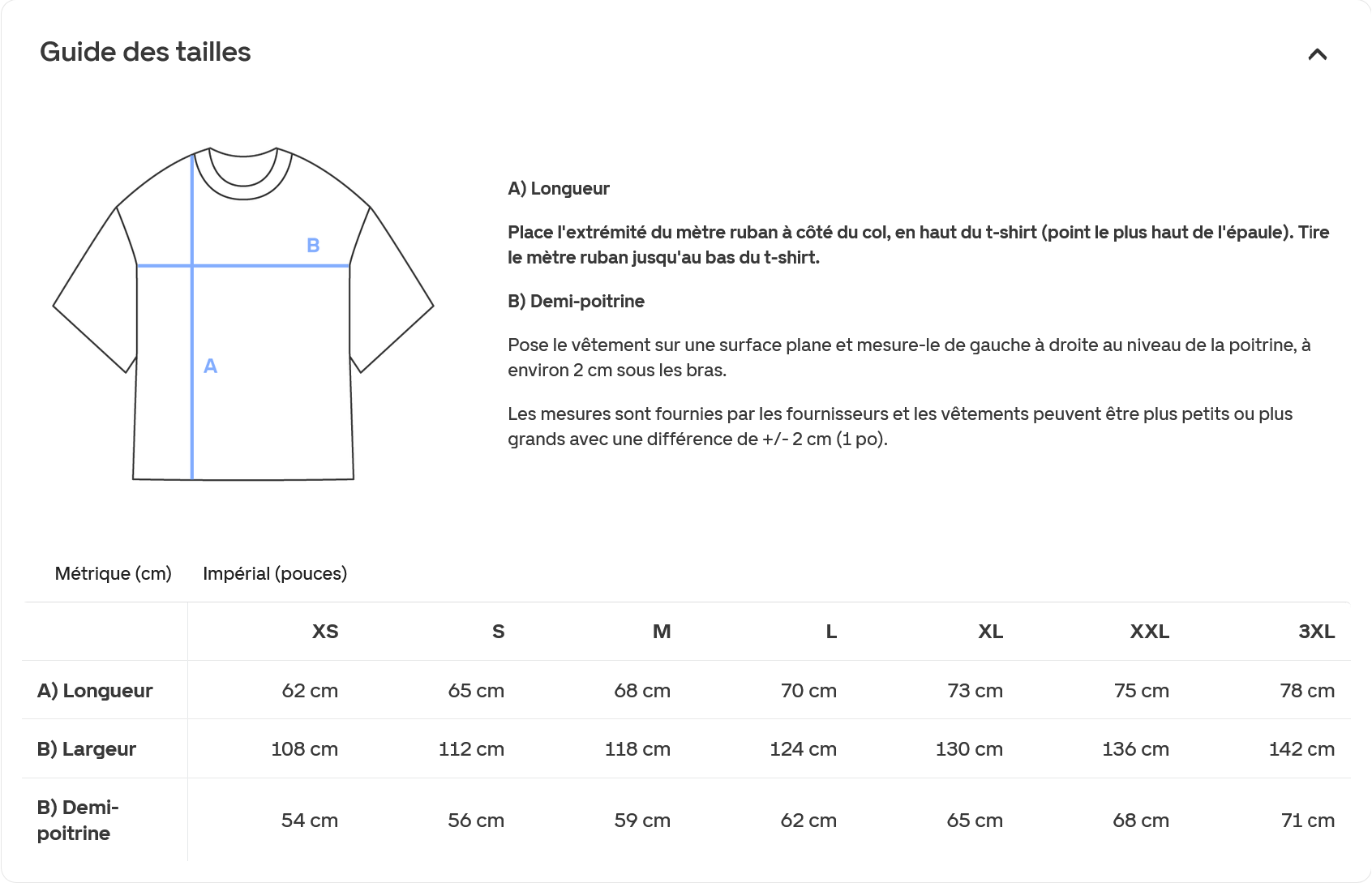 Guide des tailles pour un t-shirt, avec mesures pour longueur, largeur et demi-poitrine en centimètres pour différentes tailles (XS à 3XL).