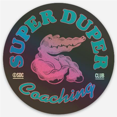 Logo de coaching avec un crocodile stylisé au centre, texte 'Super Duper Coaching', fond noir, couleurs vives.