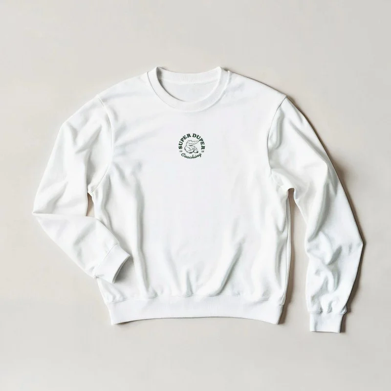 Sweat à capuche blanc avec un logo au centre qui dit 'Super Duper Coach' avec un dessin d'une tête de tiger