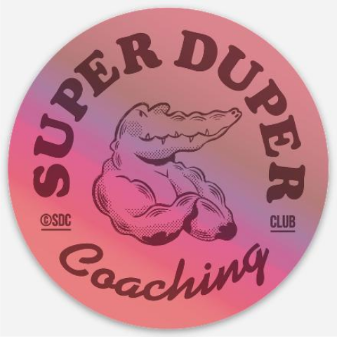 Logo rond avec un crocodile anthropomorphe musclé, le texte 'Super Duper Coaching' en arc autour et 'SDC' écrit en bas à gauche.