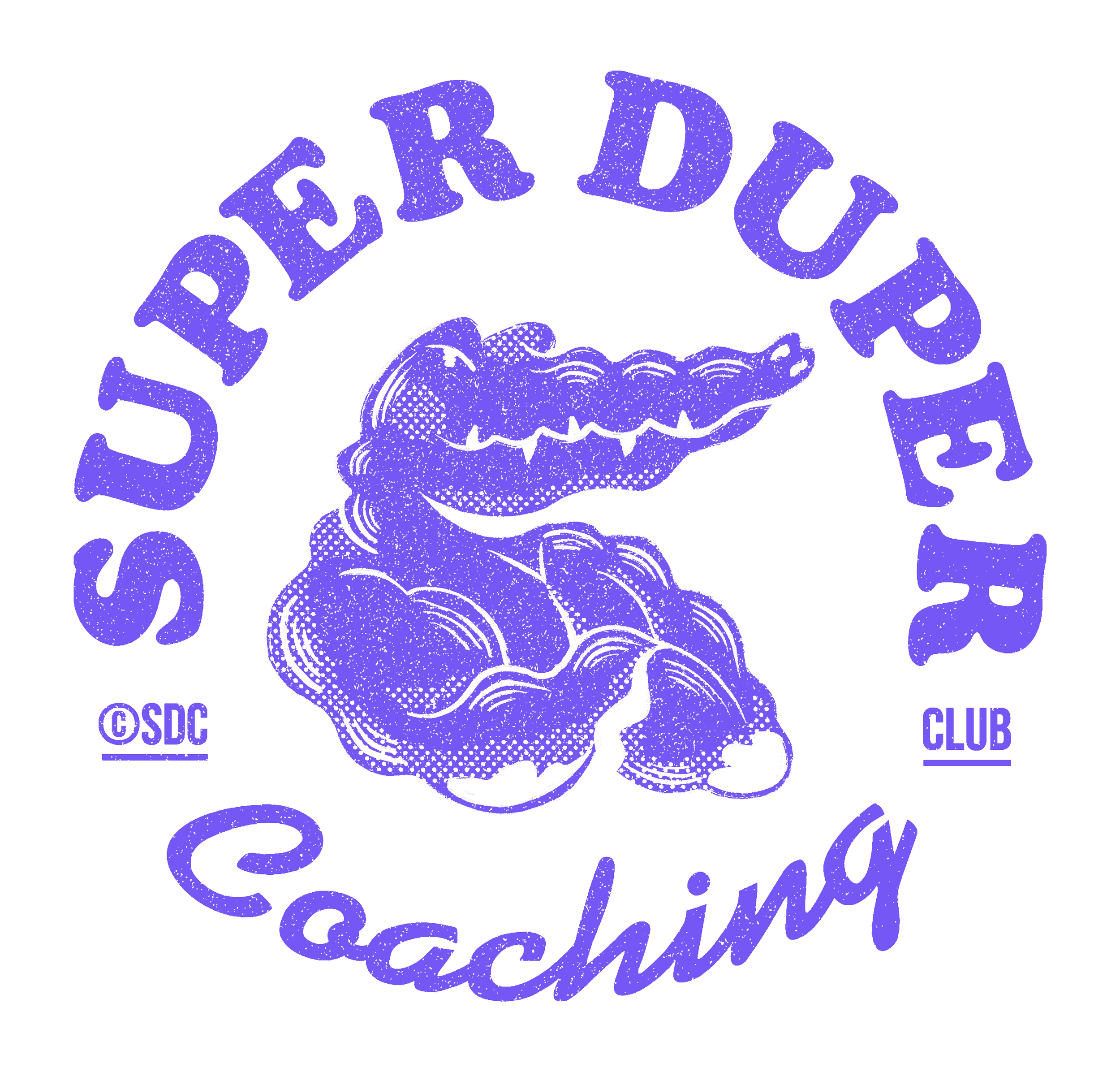 Logo de club de plongée avec un crocodile stylisé et le texte 'Scuba Club' en violet sur fond noir.
