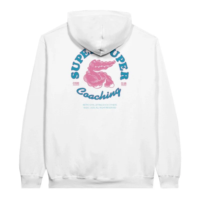 Sweat à capuche blanc avec un logo rose et bleu, représentant un crocodile, comprenant le texte "Super Club Coaching" et un message de copyright.