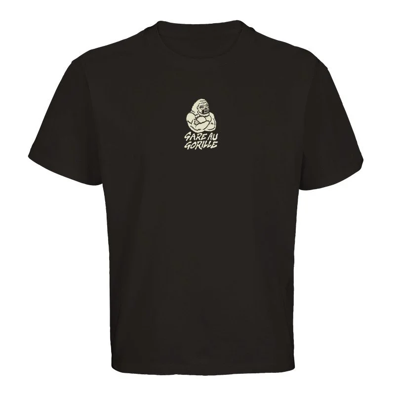 T-shirt noir avec un dessin de gorille et le texte 'GARE AU GORILLE' en blanc.