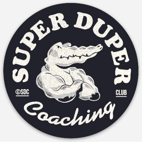 Logo noir et blanc avec un crocodile stylisé et le texte 'Super Duper Coaching' en cercle autour.