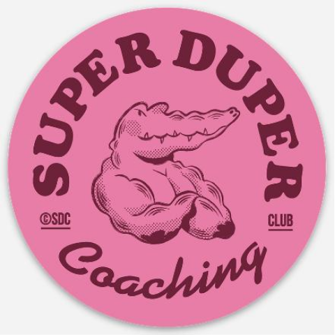 Logo rose avec un crocodile musclé, texte 'Super Duper Coaching' en arc.