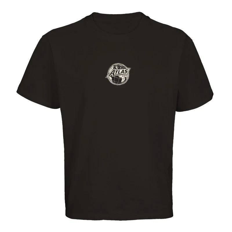 T-shirt noir avec un logo en forme de globe et l'inscription "ATLAS" en blanc au centre.