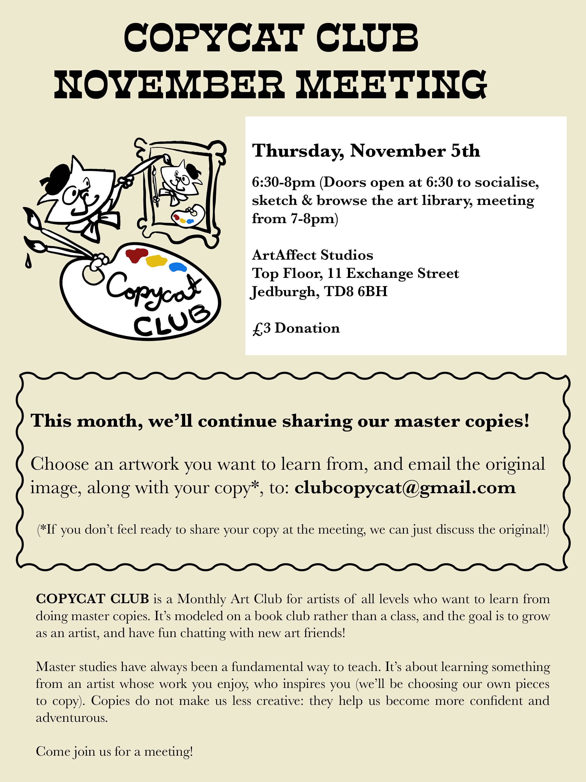 Copy Cat Club monthly!! Next meeting November 5th! 6.30-8pm