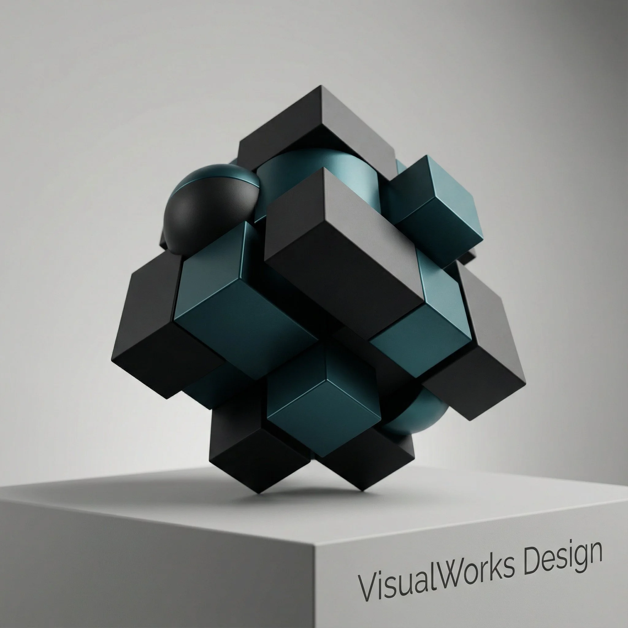 A modern geometric sculpture composed of various black and teal cubes and spheres, displayed on a white stand with the text "VisualWorks Design".